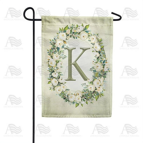 America Forever Spring Monogram Garden Flag Letter K 12.5 x 18 inches Double Sided Vertical Outdoor, Yard, Lawn, Beautiful Floral Wreath, White Flowers, Rose, Summer Themed Garden Flag