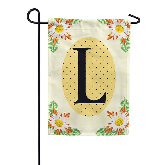 America Forever Spring Monogram Garden Flag Letter L 12.5 x 18 inches Double Sided Vertical Outdoor, Yard, Lawn, Beautiful Bright Summer Flowers, Daisies, White Flowers, Polka Dots Garden Flag