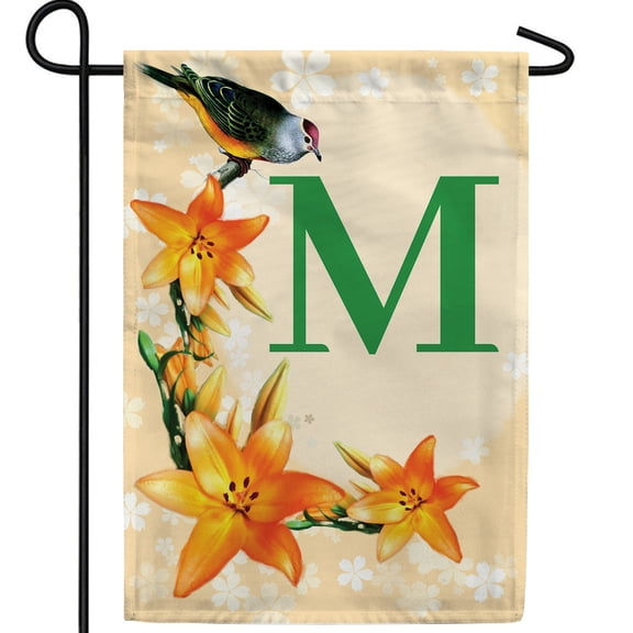 America Forever Spring Monogram Garden Flag Letter M 12.5 x 18 inches Double Sided Vertical Outdoor, Yard, Lawn, Beautiful Floral Design, Lily, Small Summer Bird Garden Flag