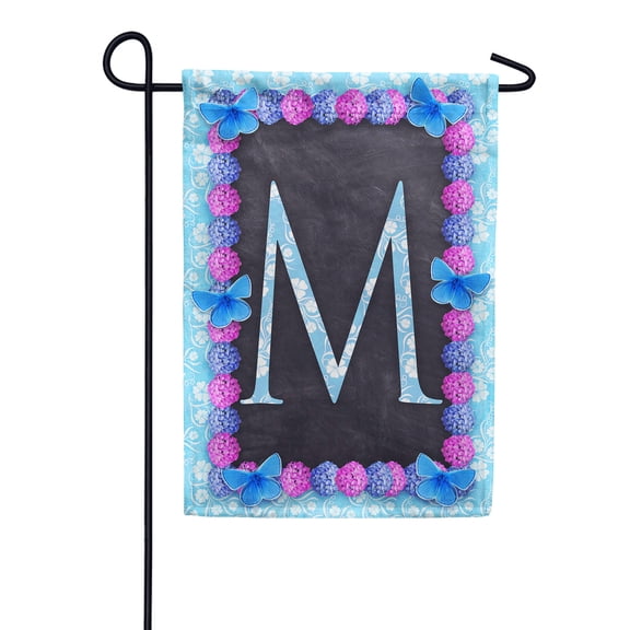 America Forever Spring Monogram Garden Flag Letter M 12.5 x 18 inches Double Sided Vertical Outdoor, Yard, Lawn, Decorative Seasonal, Hydrangeas, Blue Butterflies Bees Summer Floral Garden Flag