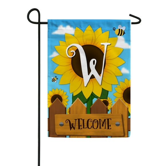 America Forever Spring Monogram Garden Flag Letter W 12.5 x 18 inches Double Sided Vertical Outdoor, Yard, Lawn, Beautiful Bright Sunlowers, Floral Design, Honeybee, Summer Welcome Garden Flag