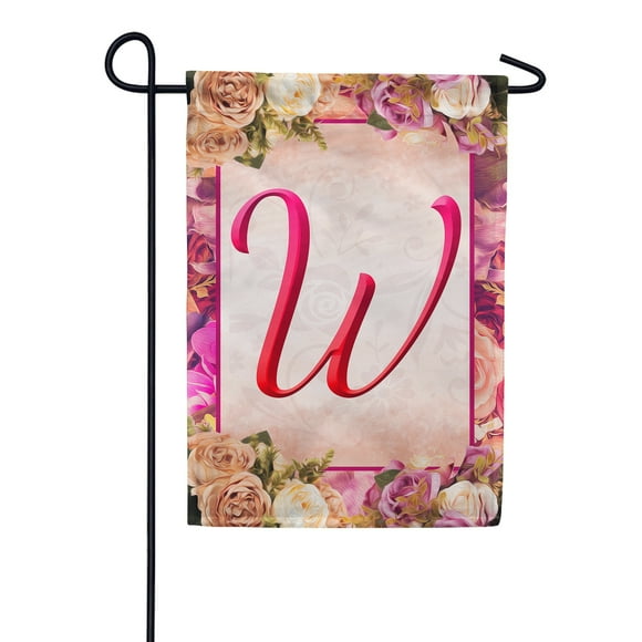 America Forever Spring Monogram Garden Flag Letter W 12.5 x 18 inches Double Sided Vertical Outdoor, Yard, Lawn, Beautiful Floral Design, Garland, Roses and Summer Flowers Garden Flag