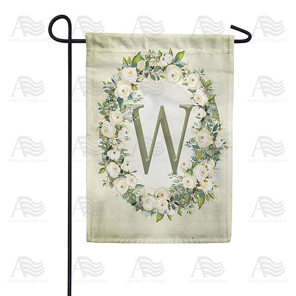 America Forever Spring Monogram Garden Flag Letter W 12.5 x 18 inches Double Sided Vertical Outdoor, Yard, Lawn, Beautiful Floral Wreath, White Flowers, Rose, Summer Themed Garden Flag