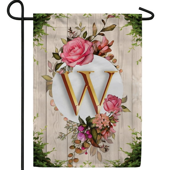 America Forever Spring Monogram Garden Flag Letter W 12.5 x 18 inches Double Sided Vertical Outdoor, Yard, Lawn, Beautiful Flowers, Floral Design, Leaves, Pink Rose Garden Flag
