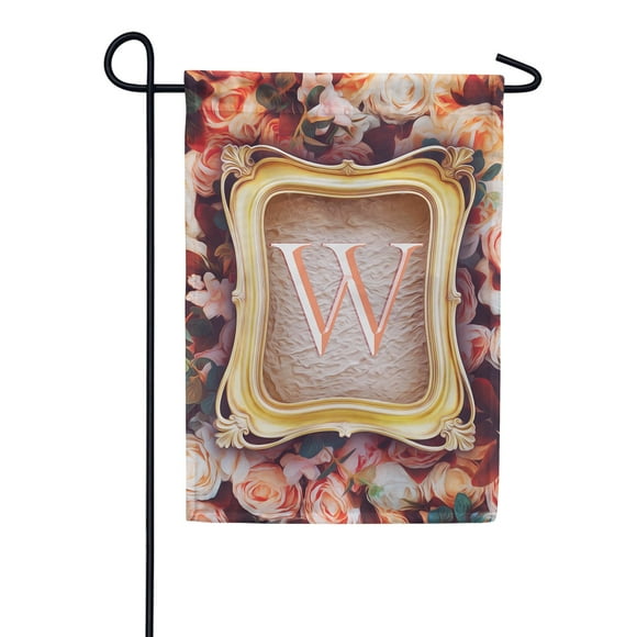 America Forever Spring Monogram Garden Flag Letter W 12.5 x 18 inches Double Sided Vertical Outdoor, Yard, Lawn, Seasonal Decorative Floral Wreath, Roses, Summer Floral Flag
