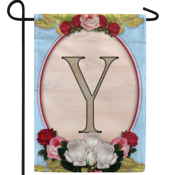 America Forever Spring Monogram Garden Flag Letter Y 12.5 x 18 inches Double Sided Vertical Outdoor, Yard, Lawn, Beautiful Floral Design, White, Red, Pink Roses, Summer Flower Garden Flag