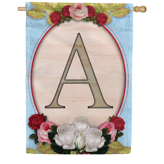 America Forever Spring Monogram House Flag Letter A 28 X 40 inches Double Sided Vertical Outdoor, Yard, Lawn, Spring Floral Design, White, Red, Pink Roses, Summer Flower House Flag