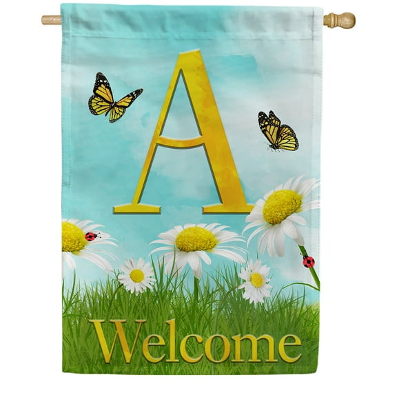 America Forever Spring Monogram House Flag Letter A 28 x 40 inches Double Sided Vertical Outdoor, Yard, Lawn, Beautiful Flowers, Daisies, Butterflies, Ladybird, Summer Welcome House Flag