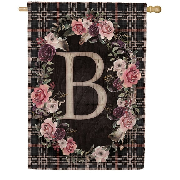 America Forever Spring Monogram House Flag Letter B 28 X 40 inches Double Sided Vertical Outdoor, Yard, Lawn, Spring Floral Wreath, Pink, Black, Summer Plaid House Flag