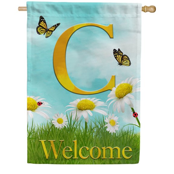America Forever Spring Monogram House Flag Letter C 28 X 40 inches Double Sided Vertical Outdoor, Yard, Lawn, Beautiful Flowers, Daisies, Butterflies, Ladybird, Summer Welcome House Flag