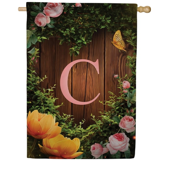America Forever Spring Monogram House Flag Letter C 28 X 40 inches Double Sided Vertical Outdoor, Yard, Lawn, Seasonal Decorative Spring Flowers, Garden, Summer Butterfly House Flag