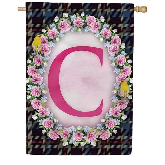 America Forever Spring Monogram House Flag Letter C 28 X 40 inches Double Sided Vertical Outdoor, Yard, Lawn, Seasonal Decorative Yellow Flowers, Pink Rose, Floral Wreath House Flag