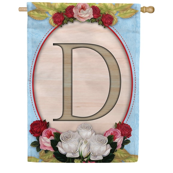 America Forever Spring Monogram House Flag Letter D 28 X 40 inches Double Sided Vertical Outdoor, Yard, Lawn, Spring Floral Design, White, Red, Pink Roses, Summer Flower House Flag