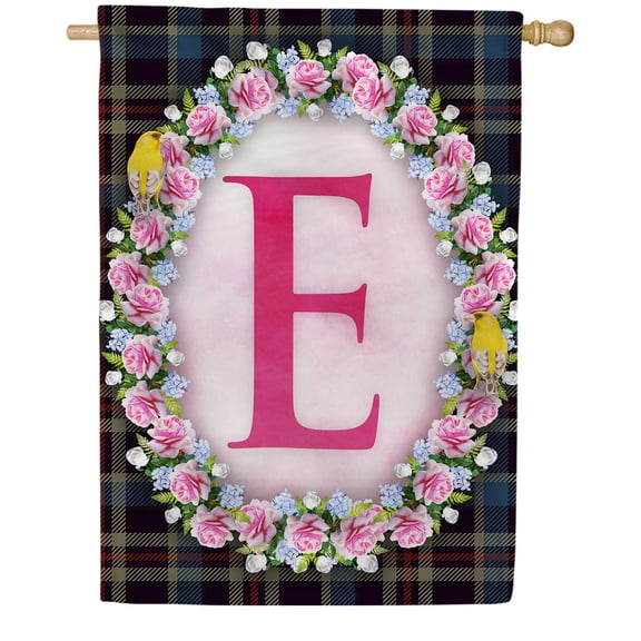 America Forever Spring Monogram House Flag Letter E 28 X 40 inches Double Sided Vertical Outdoor, Yard, Lawn, Seasonal Decorative Yellow Flowers, Pink Rose, Floral Wreath House Flag