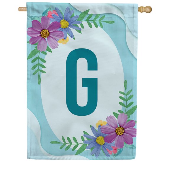 America Forever Spring Monogram House Flag Letter G 28 X 40 inches Double Sided Vertical Outdoor, Yard, Lawn, Pink and Blue Flowers, Cosmos, Leaves, Summer Flower House Flag