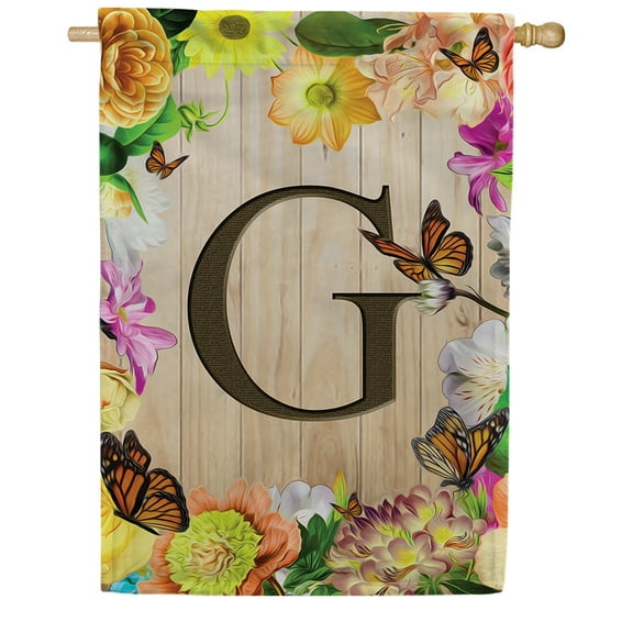 America Forever Spring Monogram House Flag Letter G 28 X 40 inches Double Sided Vertical Outdoor, Yard, Lawn, Seasonal Decorative Spring Flowers, Summer Butterfly House Flag