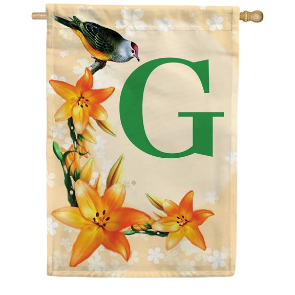 America Forever Spring Monogram House Flag Letter G 28 X 40 inches Double Sided Vertical Outdoor, Yard, Lawn, Spring Floral Design, Lily, Small Summer Bird House Flag