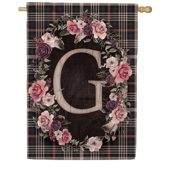 America Forever Spring Monogram House Flag Letter G 28 X 40 inches Double Sided Vertical Outdoor, Yard, Lawn, Spring Floral Wreath, Pink, Black, Summer Plaid House Flag