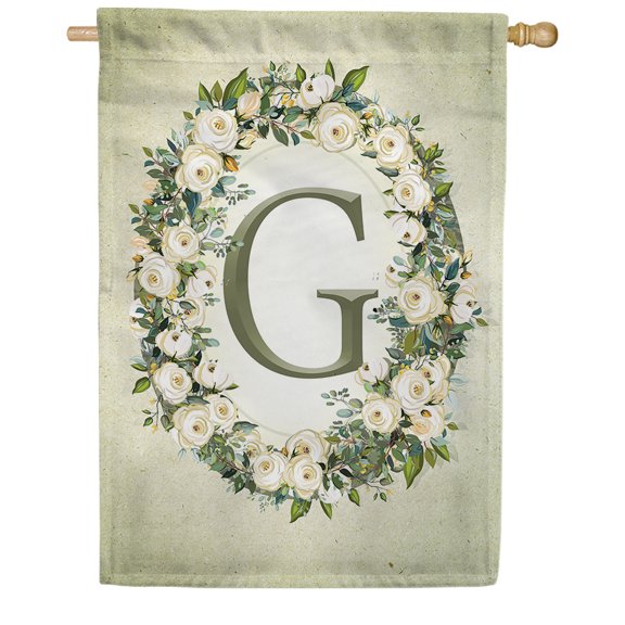 America Forever Spring Monogram House Flag Letter G 28 X 40 inches Double Sided Vertical Outdoor, Yard, Lawn, Spring Floral Wreath, White Flowers, Rose, Summer Themed House Flag