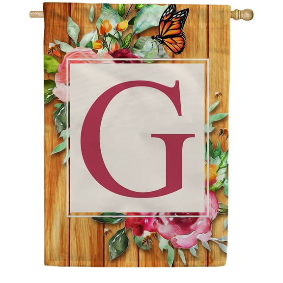 America Forever Spring Monogram House Flag Letter G 28 x 40 inches Double Sided Vertical Outdoor, Yard, Lawn, Seasonal Decorative Flowers Bees and Butterflies Summer House Flag