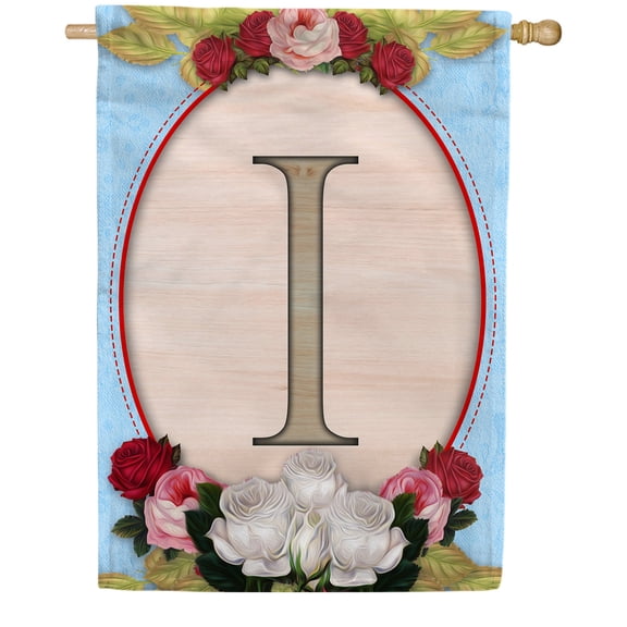 America Forever Spring Monogram House Flag Letter I 28 X 40 inches Double Sided Vertical Outdoor, Yard, Lawn, Spring Floral Design, White, Red, Pink Roses, Summer Flower House Flag