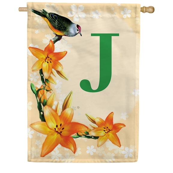 America Forever Spring Monogram House Flag Letter J 28 X 40 inches Double Sided Vertical Outdoor, Yard, Lawn, Spring Floral Design, Lily, Small Summer Bird House Flag