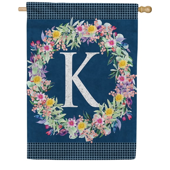 America Forever Spring Monogram House Flag Letter K 28 X 40 inches Double Sided Vertical Outdoor, Yard, Lawn, Beautiful Flowers, Floral Wreath, Summer Flower House Flag