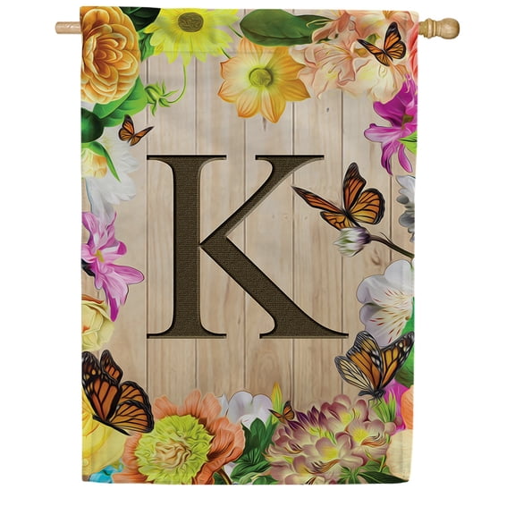 America Forever Spring Monogram House Flag Letter K 28 X 40 inches Double Sided Vertical Outdoor, Yard, Lawn, Seasonal Decorative Spring Flowers, Summer Butterfly House Flag