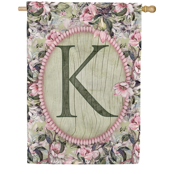 America Forever Spring Monogram House Flag Letter K 28 x40 inches Double Sided Vertical Outdoor, Yard, Lawn, Spring Floral Design, Pink Flowers, Summer Farmhouse House Flag