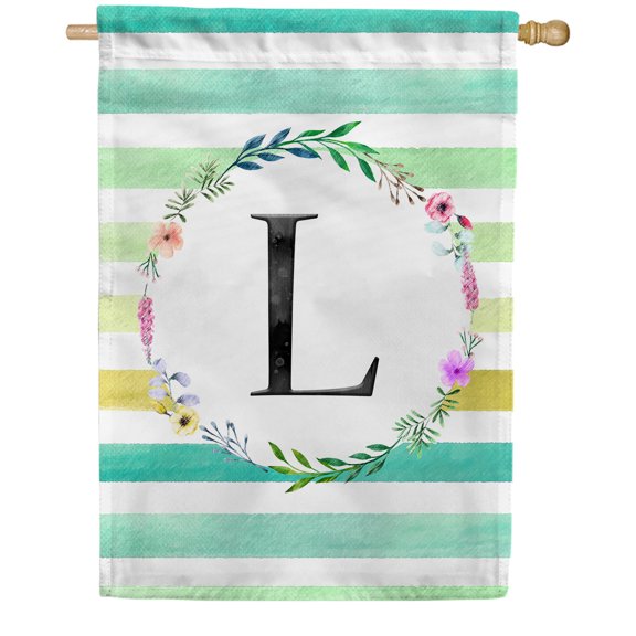 America Forever Spring Monogram House Flag Letter L 28 X 40 inches Double Sided Vertical Outdoor, Yard, Lawn, Decorative Spring Floral Wreath, Stripe Seasonal Flags Summer