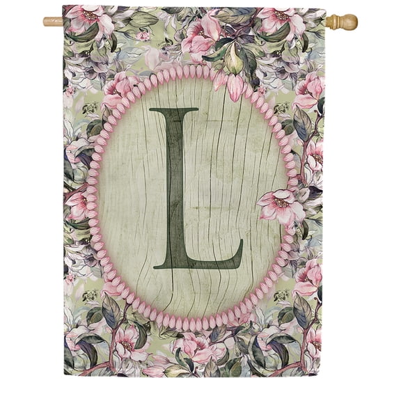 America Forever Spring Monogram House Flag Letter L 28 X 40 inches Double Sided Vertical Outdoor, Yard, Lawn, Spring Floral Design, Pink Flowers, Summer Farmhouse House Flag