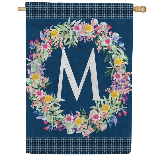 America Forever Spring Monogram House Flag Letter M 28 X 40 inches Double Sided Vertical Outdoor, Yard, Lawn, Beautiful Flowers, Floral Wreath, Summer Flower House Flag
