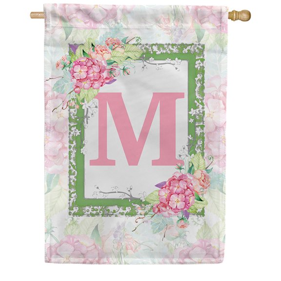 America Forever Spring Monogram House Flag Letter M 28 X 40 inches Double Sided Vertical Outdoor, Yard, Lawn, with Beautiful Spring Floral Design, Hydrangea, Summer Welcome House Flag