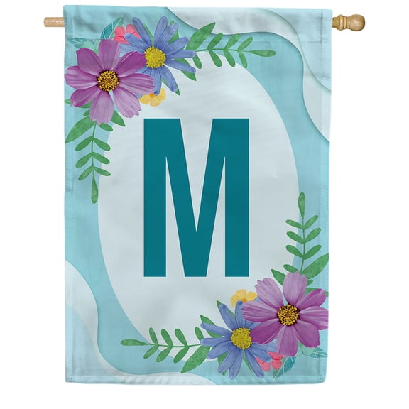 America Forever Spring Monogram House Flag Letter M 28 X 40 inches Double Sided Vertical Outdoor, Yard, Lawn, Pink and Blue Flowers, Cosmos, Leaves, Summer Flower House Flag