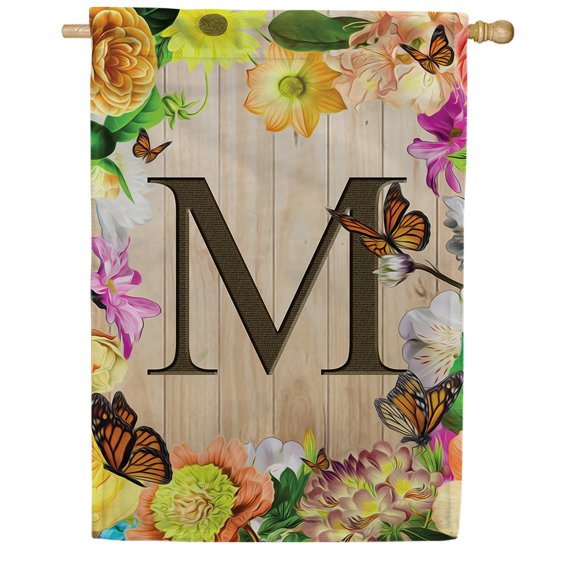 America Forever Spring Monogram House Flag Letter M 28 X 40 inches Double Sided Vertical Outdoor, Yard, Lawn, Seasonal Decorative Spring Flowers, Summer Butterfly House Flag