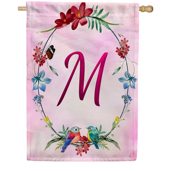 America Forever Spring Monogram House Flag Letter M 28 X 40 inches Double Sided Vertical Outdoor, Yard, Lawn, Spring Floral Wreath, Small Birds, Summer Butterfly House Flag