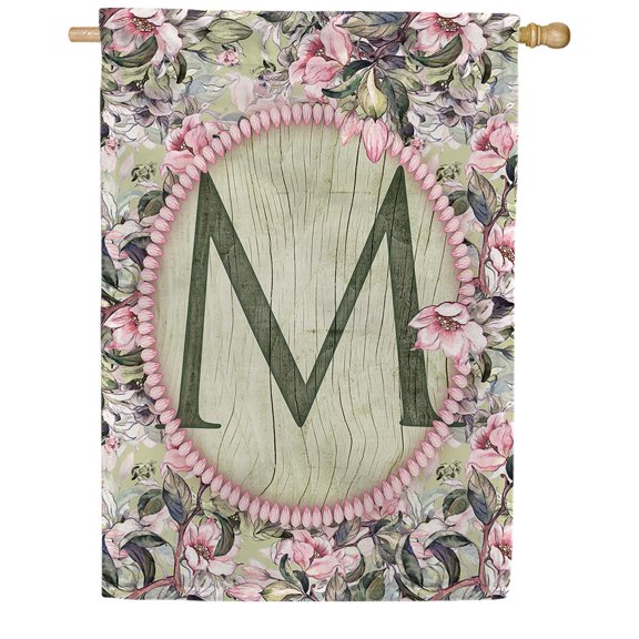 America Forever Spring Monogram House Flag Letter M 28 x 40 inches Double Sided Vertical Outdoor, Yard, Lawn, Spring Floral Design, Pink Flowers, Summer Farmhouse House Flag