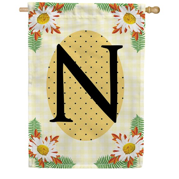 America Forever Spring Monogram House Flag Letter N 28 X 40 inches Double Sided Vertical Outdoor, Yard, Lawn, Beautiful Bright Summer Flowers, Daisies, White Flowers, Polka Dots House Flag