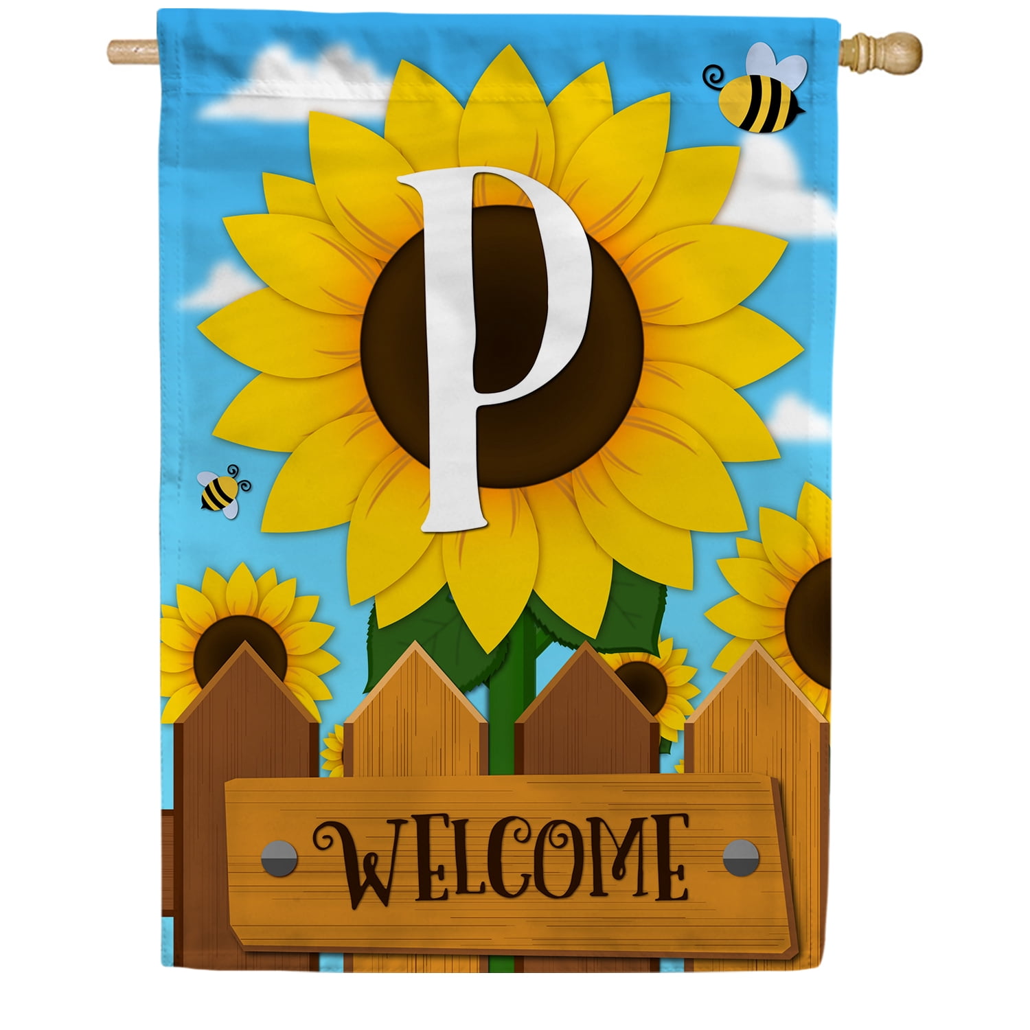 America Forever Spring Monogram House Flag Letter P 28 X 40 inches Double Sided Vertical Outdoor, Yard, Lawn, Beautiful Bright Sunlowers, Floral Design, Honeybee, Summer Welcome House Flag