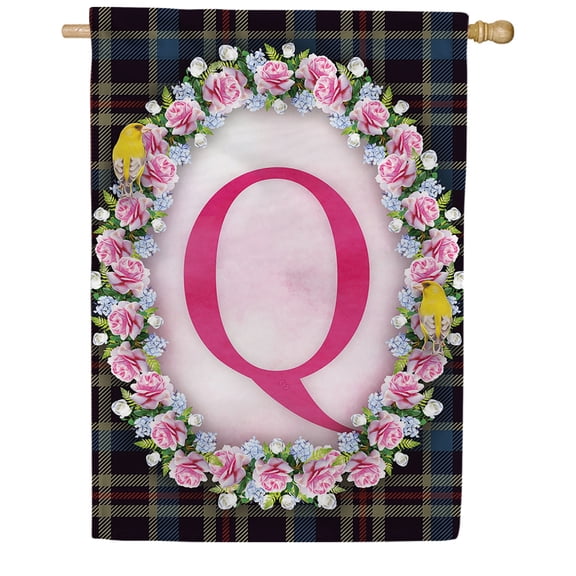 America Forever Spring Monogram House Flag Letter Q 28 X 40 inches Double Sided Vertical Outdoor, Yard, Lawn, Seasonal Decorative Yellow Flowers, Pink Rose, Floral Wreath House Flag