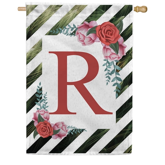 America Forever Spring Monogram House Flag Letter R 28 X 40 inches Double Sided Vertical Outdoor, Yard, Lawn, with Beautiful Spring Flowers, Floral Wreath, Rose, Summer Flowers House Flag