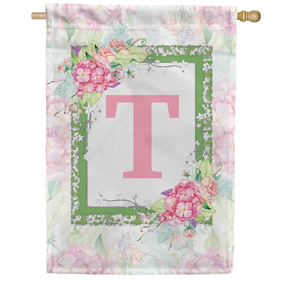 America Forever Spring Monogram House Flag Letter T 28 X 40 inches Double Sided Vertical Outdoor, Yard, Lawn, with Beautiful Spring Floral Design, Hydrangea, Summer Welcome House Flag