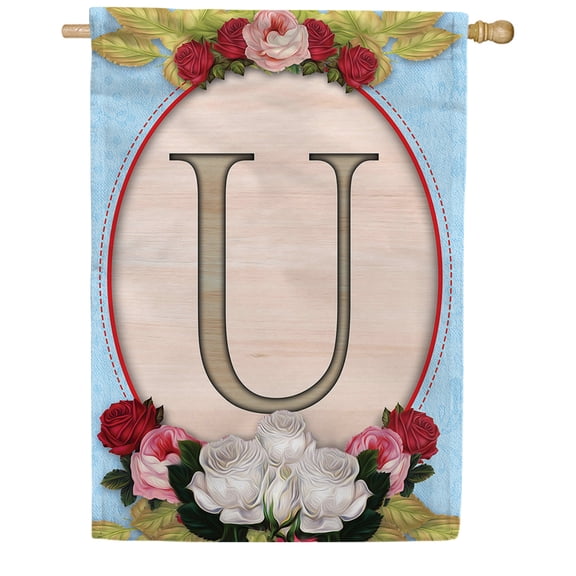 America Forever Spring Monogram House Flag Letter U 28 X 40 inches Double Sided Vertical Outdoor, Yard, Lawn, Spring Floral Design, White, Red, Pink Roses, Summer Flower House Flag