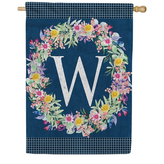 America Forever Spring Monogram House Flag Letter W 28 X 40 inches Double Sided Vertical Outdoor, Yard, Lawn, Beautiful Flowers, Floral Wreath, Summer Flower House Flag