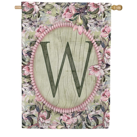 America Forever Spring Monogram House Flag Letter W 28 X 40 inches Double Sided Vertical Outdoor, Yard, Lawn, Spring Floral Design, Pink Flowers, Summer Farmhouse House Flag