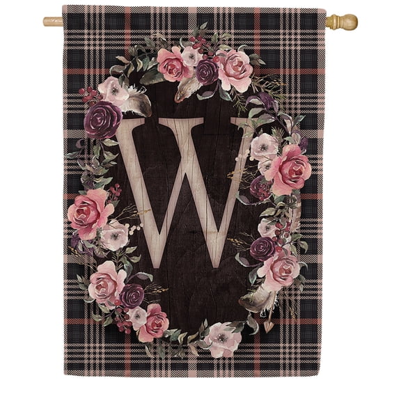 America Forever Spring Monogram House Flag Letter W 28 X 40 inches Double Sided Vertical Outdoor, Yard, Lawn, Spring Floral Wreath, Pink, Black, Summer Plaid House Flag