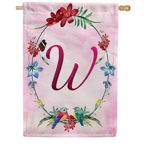 America Forever Spring Monogram House Flag Letter W 28 X 40 inches Double Sided Vertical Outdoor, Yard, Lawn, Spring Floral Wreath, Small Birds, Summer Butterfly House Flag