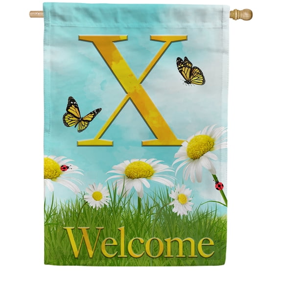 America Forever Spring Monogram House Flag Letter X 28 X 40 inches Double Sided Vertical Outdoor, Yard, Lawn, Beautiful Flowers, Daisies, Butterflies, Ladybird, Summer Welcome House Flag