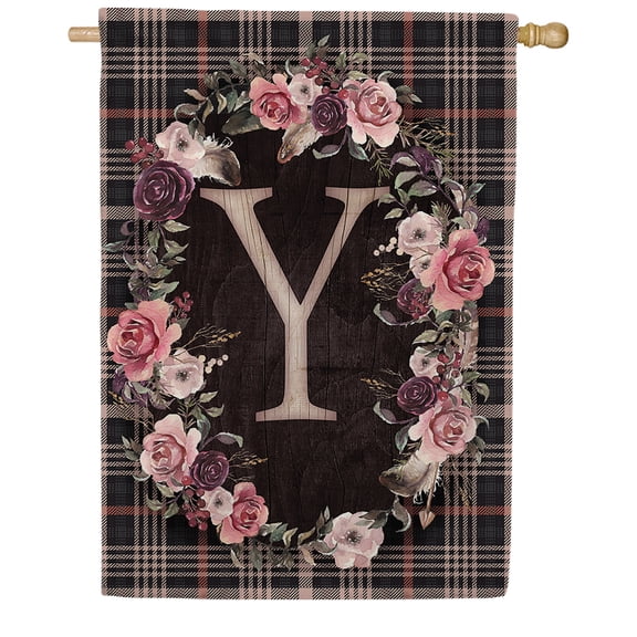 America Forever Spring Monogram House Flag Letter Y 28 X 40 inches Double Sided Vertical Outdoor, Yard, Lawn, Spring Floral Wreath, Pink, Black, Summer Plaid House Flag