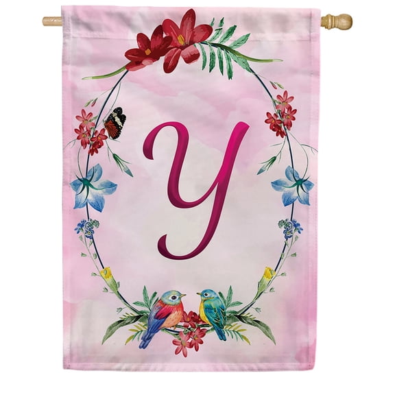 America Forever Spring Monogram House Flag Letter Y 28 X 40 inches Double Sided Vertical Outdoor, Yard, Lawn, Spring Floral Wreath, Small Birds, Summer Butterfly House Flag
